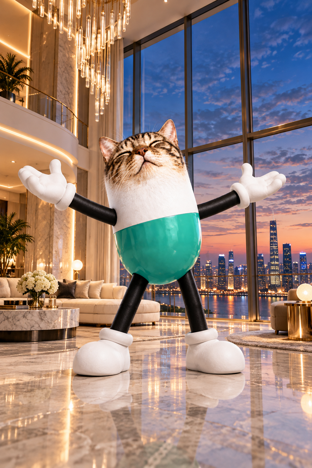 Pillcate spreading its arms in a penthouse overlooking the city